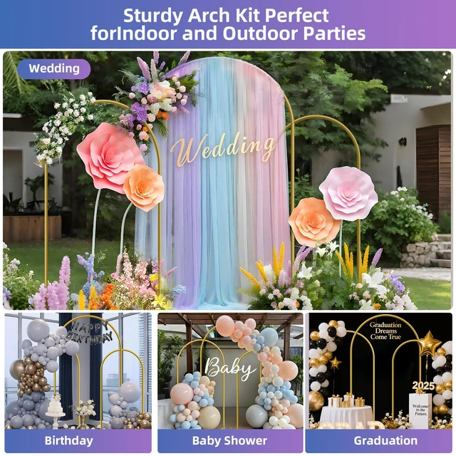 Alt view image 3 of 7 - Hemmotop Metal Arch Backdrop Stand Set of 3, 6ft, 6.6ft, 7.2ft, Gold | Easy to Assemble, Ground Stakes for Stable Base, for Balloons, Garden Decor, Ideal for Weddding, Baby Shower, Birthday Party