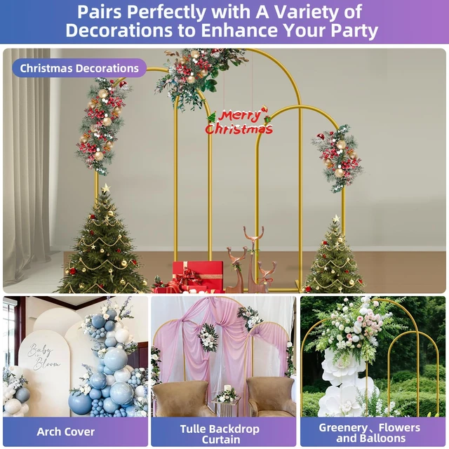 Alt view image 7 of 7 - Hemmotop Metal Arch Backdrop Stand Set of 3, 6ft, 6.6ft, 7.2ft, Gold | Easy to Assemble, Ground Stakes for Stable Base, for Balloons, Garden Decor, Ideal for Weddding, Baby Shower, Birthday Party