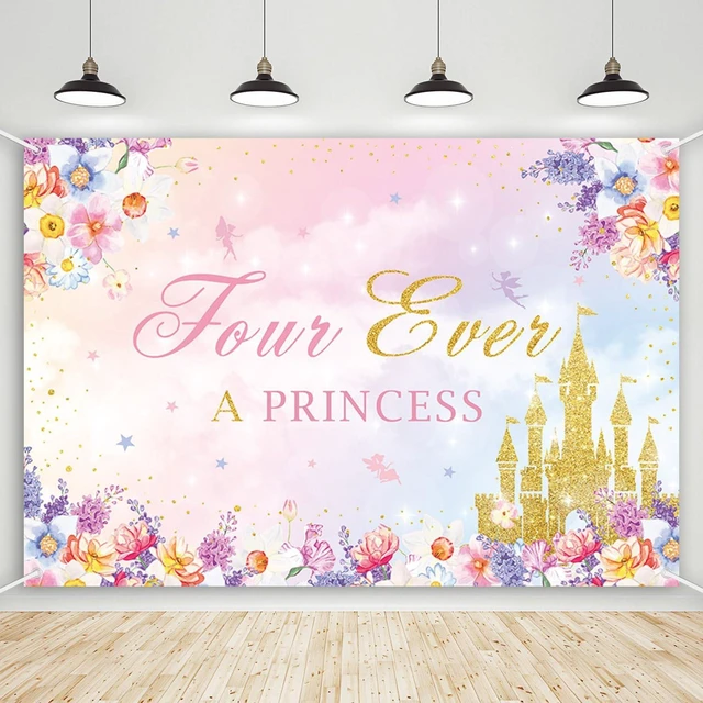 Main image of AIBIIN Four Ever A Princess Birthday Decorations Backdrop Banner 7x5ft | Pink Castle Happy 4th Princess Birthday Party Decorations Supplies for Girl Princess Birthday Banner Photo Backdrop