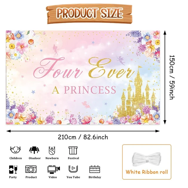 Alt view image 2 of 6 - AIBIIN Four Ever A Princess Birthday Decorations Backdrop Banner 7x5ft | Pink Castle Happy 4th Princess Birthday Party Decorations Supplies for Girl Princess Birthday Banner Photo Backdrop