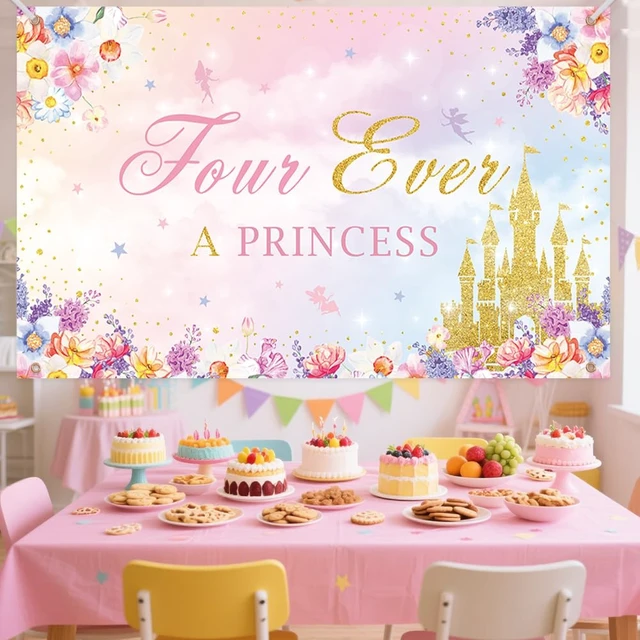 Alt view image 3 of 6 - AIBIIN Four Ever A Princess Birthday Decorations Backdrop Banner 7x5ft | Pink Castle Happy 4th Princess Birthday Party Decorations Supplies for Girl Princess Birthday Banner Photo Backdrop