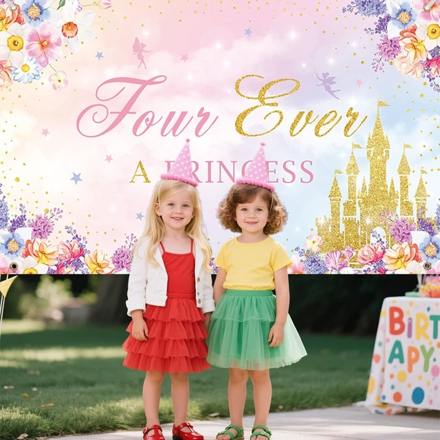 Alt view image 5 of 6 - AIBIIN Four Ever A Princess Birthday Decorations Backdrop Banner 7x5ft | Pink Castle Happy 4th Princess Birthday Party Decorations Supplies for Girl Princess Birthday Banner Photo Backdrop