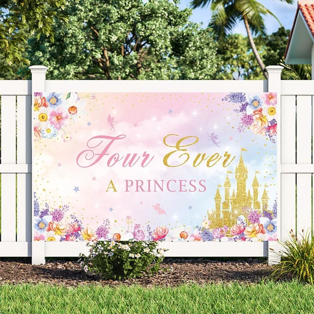 Alt view image 6 of 6 - AIBIIN Four Ever A Princess Birthday Decorations Backdrop Banner 7x5ft | Pink Castle Happy 4th Princess Birthday Party Decorations Supplies for Girl Princess Birthday Banner Photo Backdrop