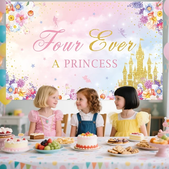 Alt view image 4 of 6 - AIBIIN Four Ever A Princess Birthday Decorations Backdrop Banner 7x5ft | Pink Castle Happy 4th Princess Birthday Party Decorations Supplies for Girl Princess Birthday Banner Photo Backdrop