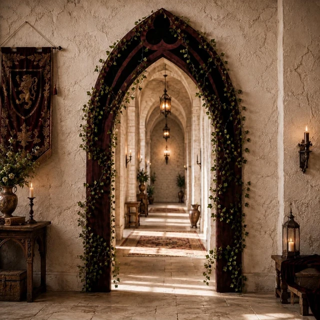 Main image of Sintuff 7ft Gothic Arch Backdrop with Ivy Vines, Oxford Fabric Archway | Reusable Stage Background at Theater Shows, Mystical Party Decor in Birthday Photoshoots, Reading Archway Setup