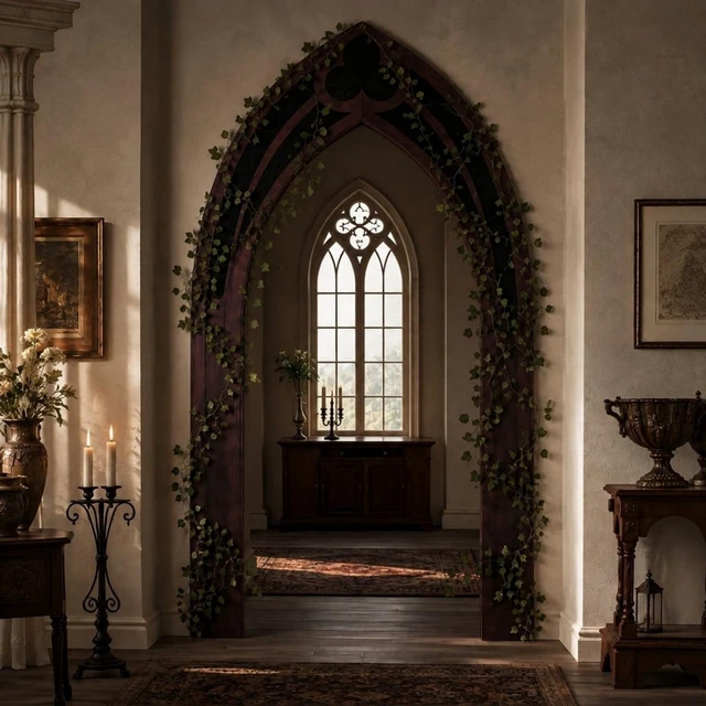 Alt view image 3 of 7 - Sintuff 7ft Gothic Arch Backdrop with Ivy Vines, Oxford Fabric Archway | Reusable Stage Background at Theater Shows, Mystical Party Decor in Birthday Photoshoots, Reading Archway Setup