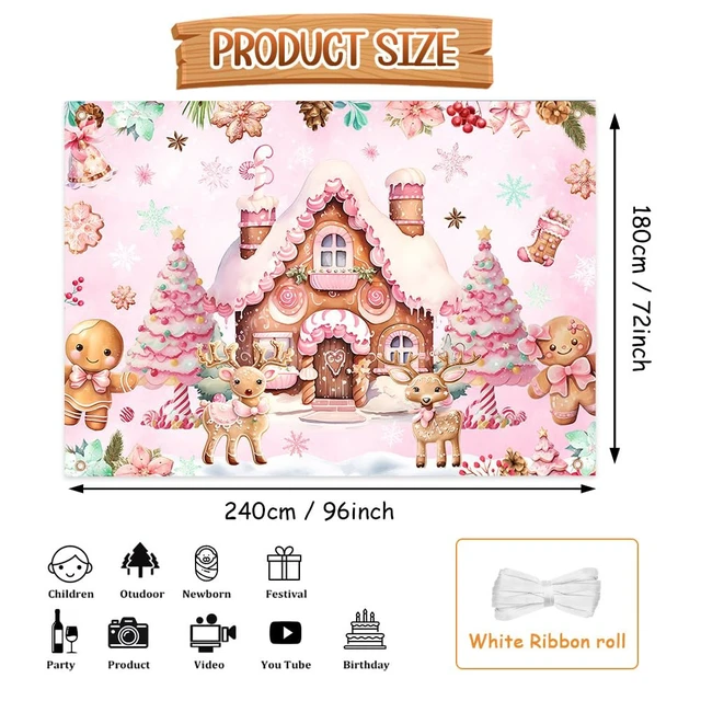 Alt view image 4 of 6 - AIBIIN 8x6ft Christmas Backdrop Pink Gingerbread Candyland House Photography Background Christmas Scene Xmas Holiday Party Decorations Banner Photo Studio Props