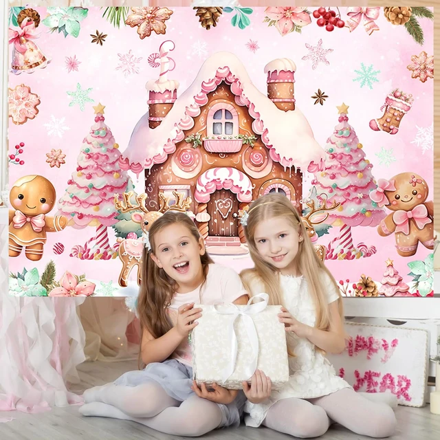 Alt view image 3 of 6 - AIBIIN 8x6ft Christmas Backdrop Pink Gingerbread Candyland House Photography Background Christmas Scene Xmas Holiday Party Decorations Banner Photo Studio Props