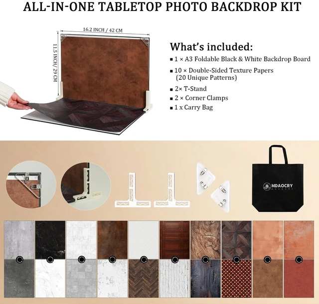 Alt view image 2 of 7 - MDAOCRY 16 x 11.5 in Product Photography Backdrops, 10 Sheets, 20 Patterns | Compact Double-Sided Backdrops for Food, Jewelry, Cosmetics, Candles, Crafts and Content Creation