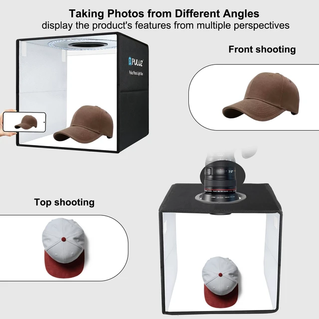 Alt view image 4 of 7 - 16"×16" Professional Photo Studio Light Box,PULUZ Portable Foldable Light Box Photography,Tri-Color Dimmable Photo Box Kit with 160 LED Lights & 6 Backdrops (12 Colors) for Product Photography