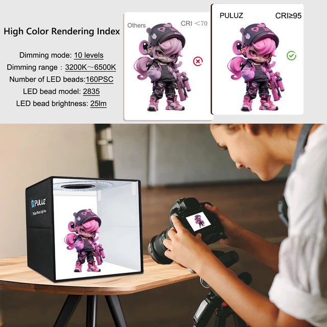 Alt view image 5 of 7 - 16"×16" Professional Photo Studio Light Box,PULUZ Portable Foldable Light Box Photography,Tri-Color Dimmable Photo Box Kit with 160 LED Lights & 6 Backdrops (12 Colors) for Product Photography