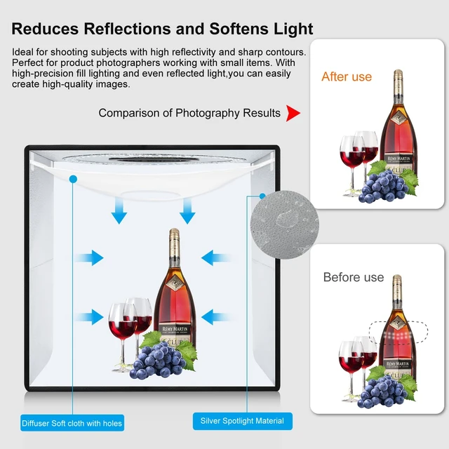 Alt view image 6 of 7 - 16"×16" Professional Photo Studio Light Box,PULUZ Portable Foldable Light Box Photography,Tri-Color Dimmable Photo Box Kit with 160 LED Lights & 6 Backdrops (12 Colors) for Product Photography
