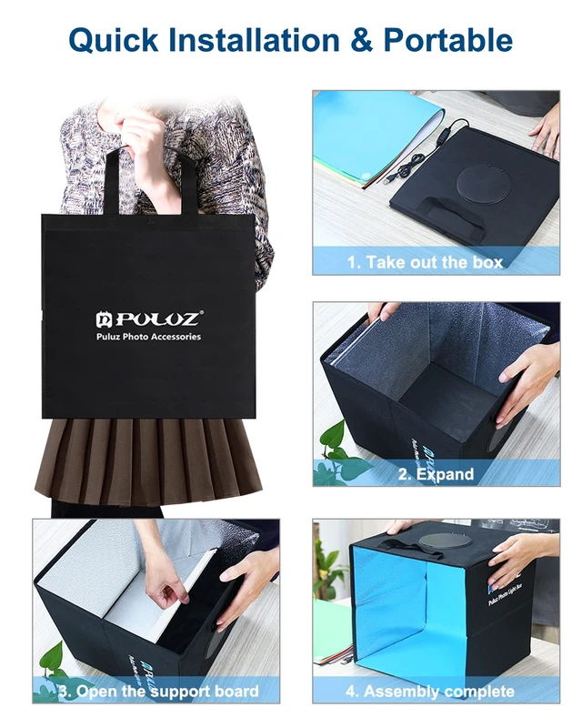Alt view image 7 of 7 - 16"×16" Professional Photo Studio Light Box,PULUZ Portable Foldable Light Box Photography,Tri-Color Dimmable Photo Box Kit with 160 LED Lights & 6 Backdrops (12 Colors) for Product Photography