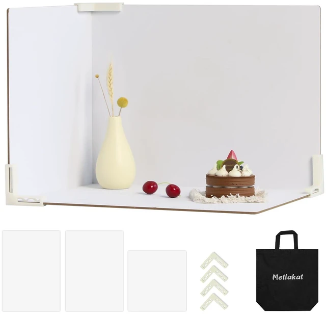 Main image of Metlakat 3-Pack White Photography Backdrop Board, 12 x 12 and 12 x 16 in | Double-Sided Background Panels with 4 L-Shaped Clips and Storage Bag for Product and Food Photos