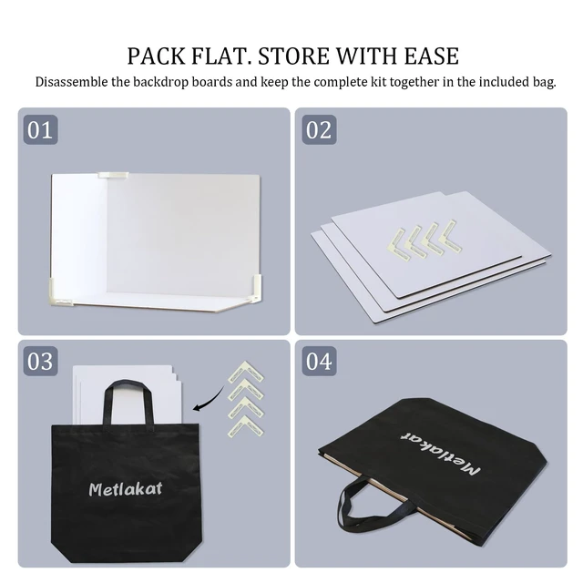 Alt view image 7 of 7 - Metlakat 3-Pack White Photography Backdrop Board, 12 x 12 and 12 x 16 in | Double-Sided Background Panels with 4 L-Shaped Clips and Storage Bag for Product and Food Photos