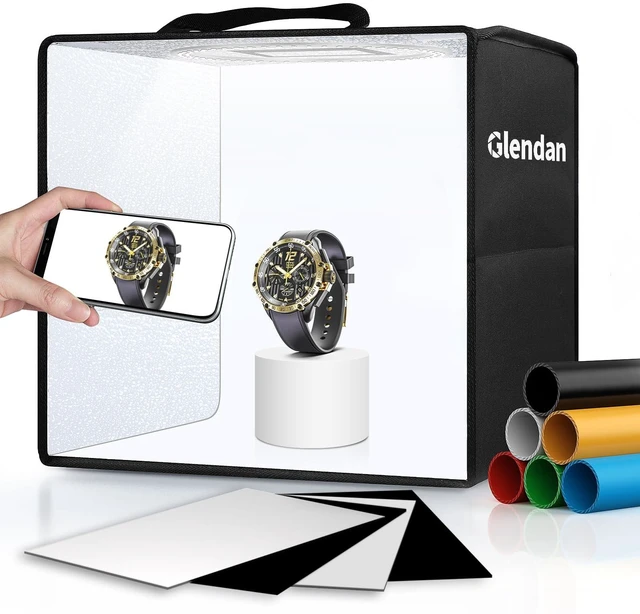 Main image of Glendan Light Box Photography, 10"x10" Photo Box with 88 High Color Rendering Index LED Lights, 6 Color PVC Backdrops, 4 Reflection Boards and 1 Diffuser for Jewelry and Small Item Product Photography