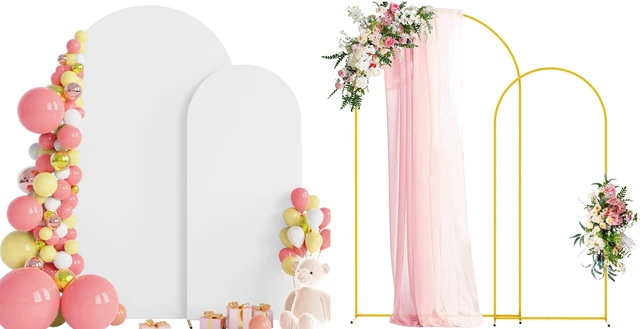 Main image of Wokceer Arch Backdrop Stand and Cover Set of 2, 7.2FT,6FT Arch with Cover | Gold Metal Arch Backdrop Stand with Arch Cover White for Birthday Party Wedding Ceremony Bridal Baby Shower Decor