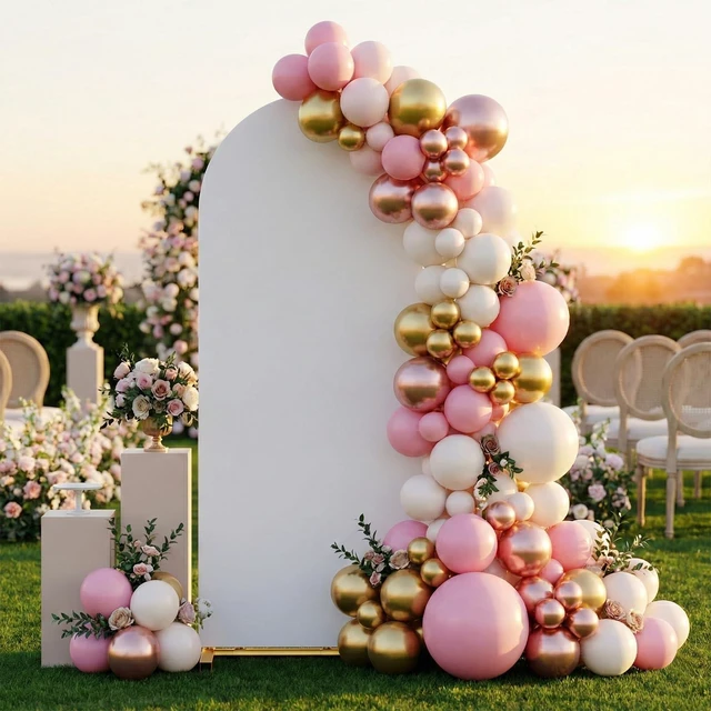 Main image of Arch Backdrop Stand and Cover Set, 7.2 x 4FT Gold Metal Wedding Arch for Ceremony, Heavy Duty Balloon Arch Stand with White Spandex Cover for Birthday Party, Baby Shower, Graduation, Event Decor