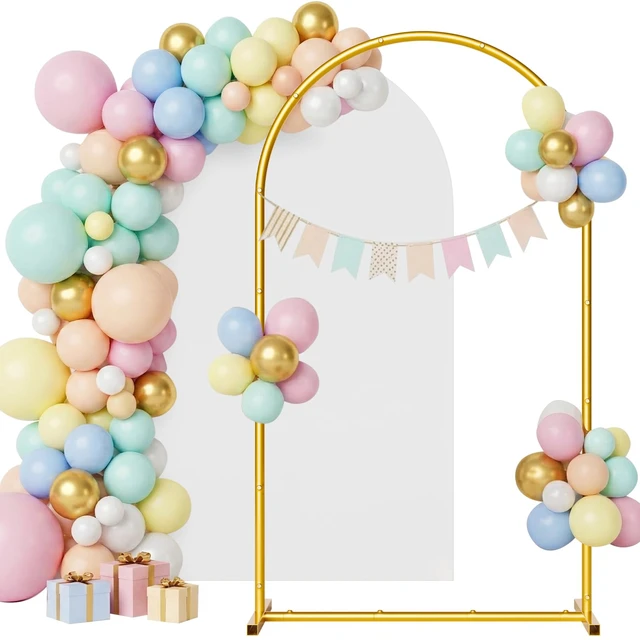 Alt view image 2 of 7 - Arch Backdrop Stand and Cover Set, 7.2 x 4FT Gold Metal Wedding Arch for Ceremony, Heavy Duty Balloon Arch Stand with White Spandex Cover for Birthday Party, Baby Shower, Graduation, Event Decor