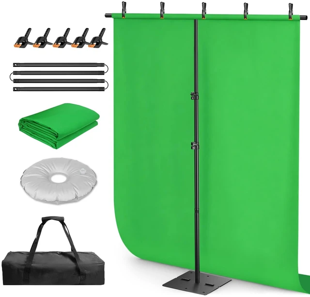 Main image of Qoolfoto Green Screen Backdrop Kit, 5x7ft T-Shaped Stand with Flat Base | Portable Greenscreen Background with Heavy Duty Base, Clamps, Water Bag for Streaming, Video Recording, Photography, Gaming