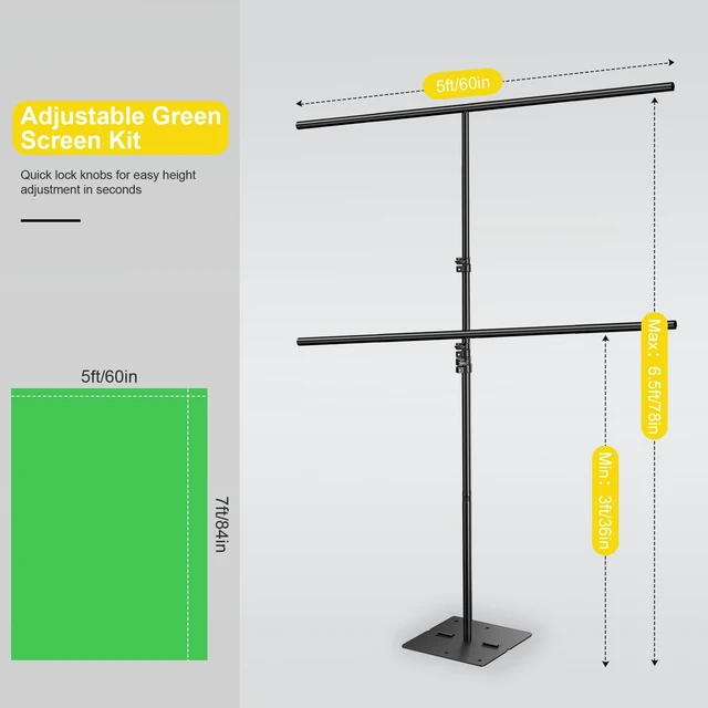 Alt view image 6 of 7 - Qoolfoto Green Screen Backdrop Kit, 5x7ft T-Shaped Stand with Flat Base | Portable Greenscreen Background with Heavy Duty Base, Clamps, Water Bag for Streaming, Video Recording, Photography, Gaming