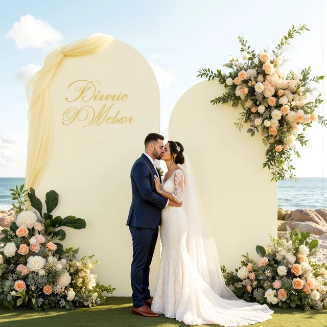 Alt view image 5 of 7 - JCJ Arch Backdrop Cover 7.2FT 6FT, Beige Wedding Arch Stand Cover Set of 2 Stretchy Backdrop with Zipper Spandex Fitted Arch Cover for Birthday Party Decoration