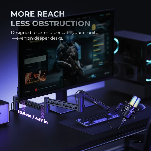 Alt view image 2 of 7 - FEYANOR FMS-20 Low Profile Mic Stand, Under-Monitor Boom Arm for Wide Desks | Mic arm supports mics up to 4.4 lb with 1/4", 3/8" and 5/8" mounts; compatible with Blue Yeti, HyperX QuadCast and more.
