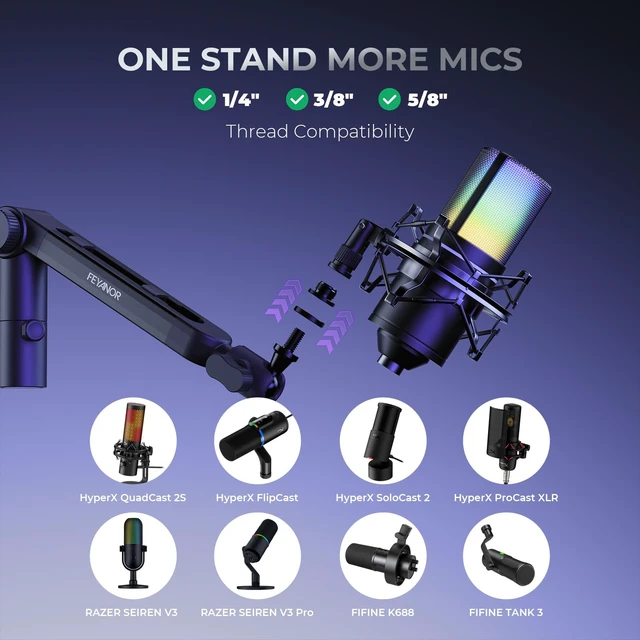 Alt view image 3 of 7 - FEYANOR FMS-20 Low Profile Mic Stand, Under-Monitor Boom Arm for Wide Desks | Mic arm supports mics up to 4.4 lb with 1/4", 3/8" and 5/8" mounts; compatible with Blue Yeti, HyperX QuadCast and more.