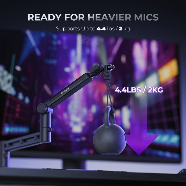 Alt view image 4 of 7 - FEYANOR FMS-20 Low Profile Mic Stand, Under-Monitor Boom Arm for Wide Desks | Mic arm supports mics up to 4.4 lb with 1/4", 3/8" and 5/8" mounts; compatible with Blue Yeti, HyperX QuadCast and more.