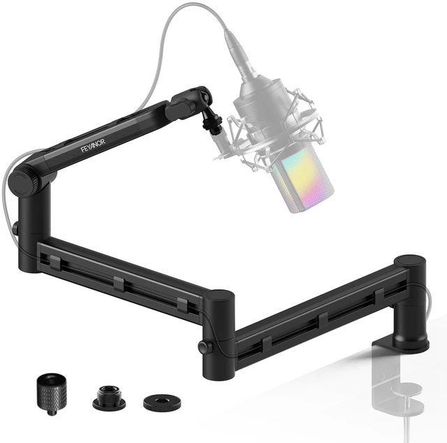Main image of FEYANOR FMS-20 Low Profile Mic Stand, Under-Monitor Boom Arm for Wide Desks | Mic arm supports mics up to 4.4 lb with 1/4", 3/8" and 5/8" mounts; compatible with Blue Yeti, HyperX QuadCast and more.
