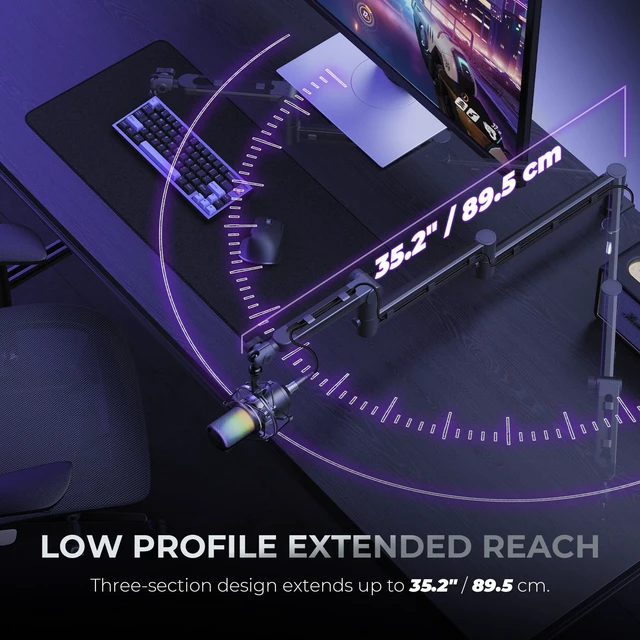Alt view image 5 of 7 - FEYANOR FMS-20 Low Profile Mic Stand, Under-Monitor Boom Arm for Wide Desks | Mic arm supports mics up to 4.4 lb with 1/4", 3/8" and 5/8" mounts; compatible with Blue Yeti, HyperX QuadCast and more.