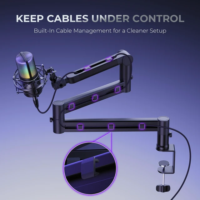 Alt view image 7 of 7 - FEYANOR FMS-20 Low Profile Mic Stand, Under-Monitor Boom Arm for Wide Desks | Mic arm supports mics up to 4.4 lb with 1/4", 3/8" and 5/8" mounts; compatible with Blue Yeti, HyperX QuadCast and more.