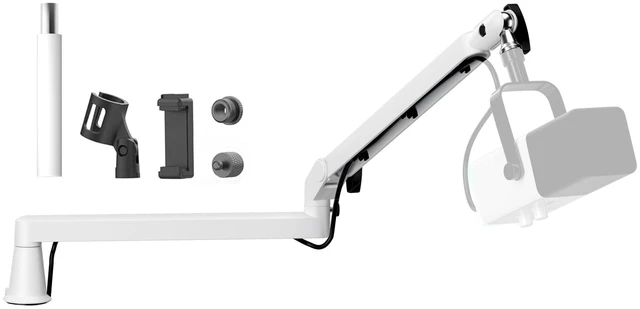 Main image of Low Profile Microphone Boom Arm Stand for Gaming Streaming Podcasting White | 15cm Extra Riser, Aluminum Design, Adjustable Mic Boom Arm, Cable Management, Clamp, Screw Adapter, for Streaming Gaming