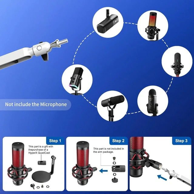 Alt view image 2 of 6 - Low Profile Microphone Boom Arm Stand for Gaming Streaming Podcasting White | 15cm Extra Riser, Aluminum Design, Adjustable Mic Boom Arm, Cable Management, Clamp, Screw Adapter, for Streaming Gaming