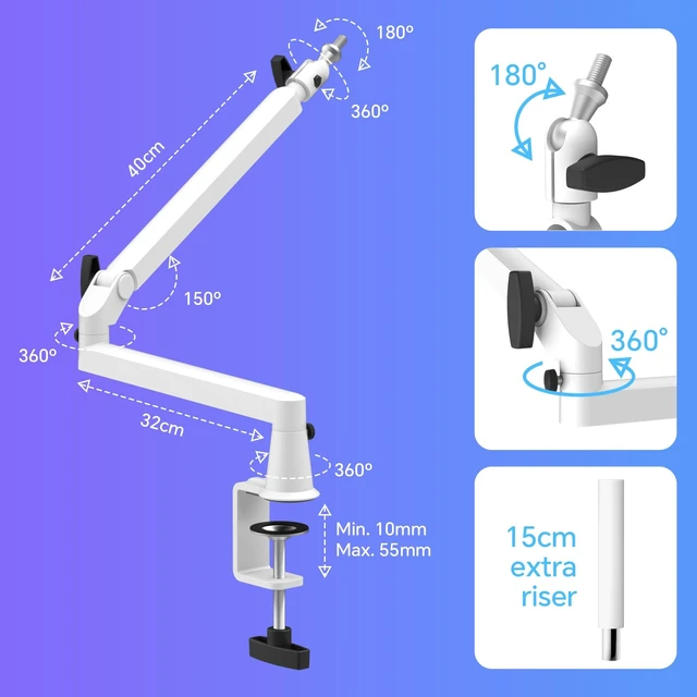 Alt view image 3 of 6 - Low Profile Microphone Boom Arm Stand for Gaming Streaming Podcasting White | 15cm Extra Riser, Aluminum Design, Adjustable Mic Boom Arm, Cable Management, Clamp, Screw Adapter, for Streaming Gaming