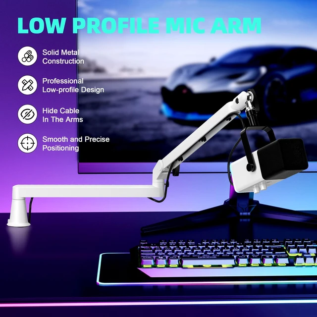 Alt view image 5 of 6 - Low Profile Microphone Boom Arm Stand for Gaming Streaming Podcasting White | 15cm Extra Riser, Aluminum Design, Adjustable Mic Boom Arm, Cable Management, Clamp, Screw Adapter, for Streaming Gaming