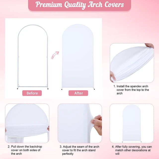 Alt view image 6 of 7 - White Arch Backdrop Cover 2 Set - 6.6FT, 5FT Spandex Fitted Wedding Arch Stand Covers Round Top Chiara Arch Backdrop Stands Cover for Parties Birthday Banquet Photo Background Decoration