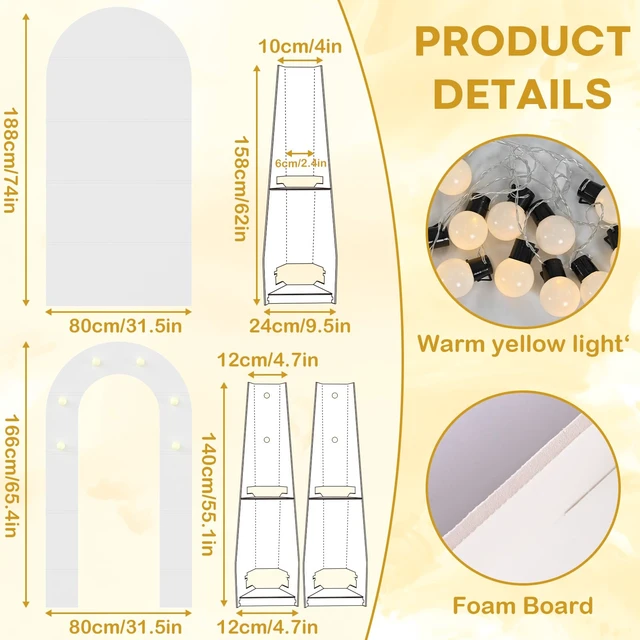 Alt view image 2 of 6 - White Arch Backdrop Stand with Lights for Wedding and Birthday Decorations | Foam board arch frame with string lights, Creates indoor photo displays for weddings, birthdays, baby showers