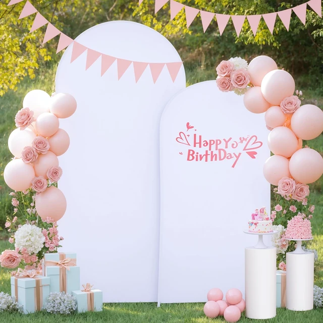 Alt view image 7 of 7 - White Arch Backdrop Cover 2 Set - 6.6FT, 5FT Spandex Fitted Wedding Arch Stand Covers Round Top Chiara Arch Backdrop Stands Cover for Parties Birthday Banquet Photo Background Decoration