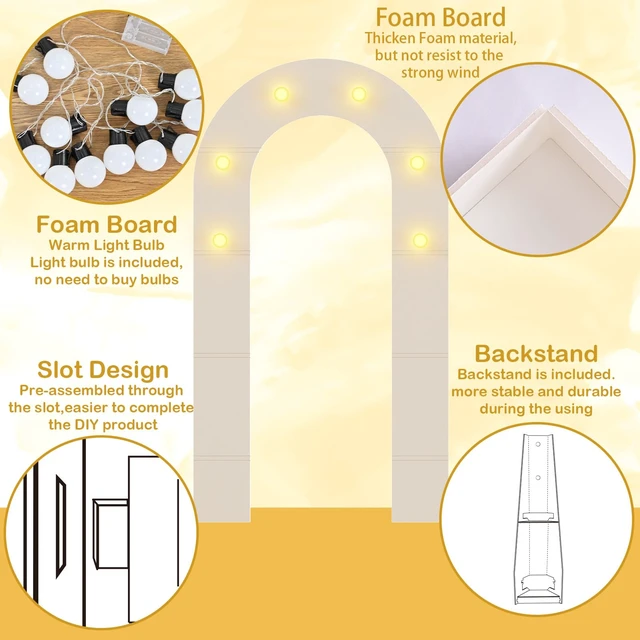 Alt view image 5 of 6 - White Arch Backdrop Stand with Lights for Wedding and Birthday Decorations | Foam board arch frame with string lights, Creates indoor photo displays for weddings, birthdays, baby showers