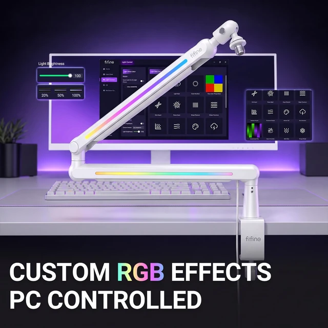 Alt view image 4 of 7 - FIFINE BM88ProW RGB Low Profile Microphone Boom Arm for Gaming Streaming | Rotatable Desk Mount Mic Stand, Cable Management, RGB Control for Podcast,