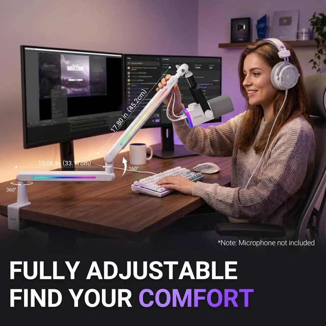 Alt view image 5 of 7 - FIFINE BM88ProW RGB Low Profile Microphone Boom Arm for Gaming Streaming | Rotatable Desk Mount Mic Stand, Cable Management, RGB Control for Podcast,