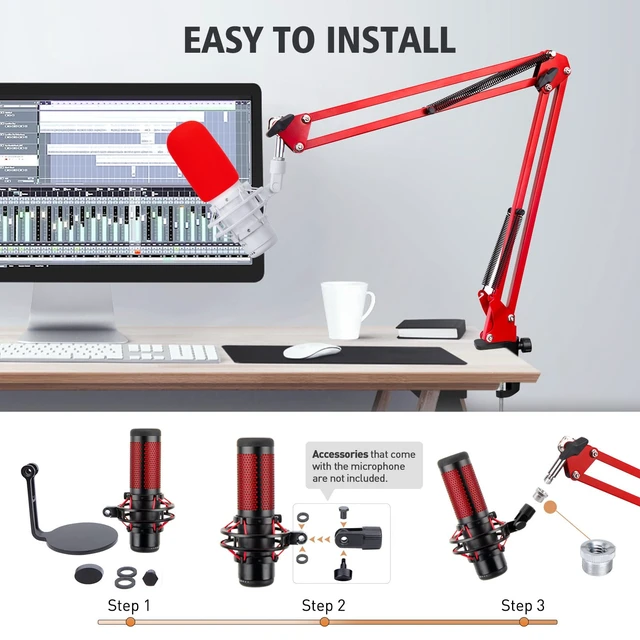 Alt view image 4 of 7 - SUNMON HyperX QuadCast Boom Arm - Red Boom Arm for Hyper x QuadCast with Red QuadCast Pop Filter, Sound Insulation and Noise Reduction, HyperX QuadCast Microphone Arm with 3/8" to 5/8" Adapter