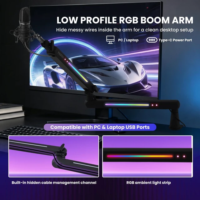 Alt view image 4 of 7 - RGB Low Profile Microphone Boom Arm Desk Mount for Gaming Streaming | 3/8 to 5/8 Screw Adapter,Cable Management, Aluminum Design,4.4 lb Weight Capacity,20 RGB Modes,Adjustable Angle