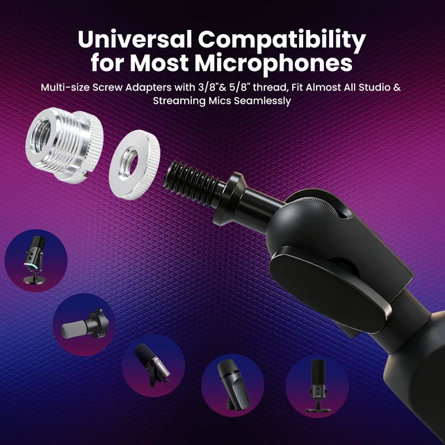 Alt view image 3 of 7 - RGB Low Profile Microphone Boom Arm Desk Mount for Gaming Streaming | 3/8 to 5/8 Screw Adapter,Cable Management, Aluminum Design,4.4 lb Weight Capacity,20 RGB Modes,Adjustable Angle