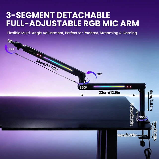 Alt view image 2 of 7 - RGB Low Profile Microphone Boom Arm Desk Mount for Gaming Streaming | 3/8 to 5/8 Screw Adapter,Cable Management, Aluminum Design,4.4 lb Weight Capacity,20 RGB Modes,Adjustable Angle