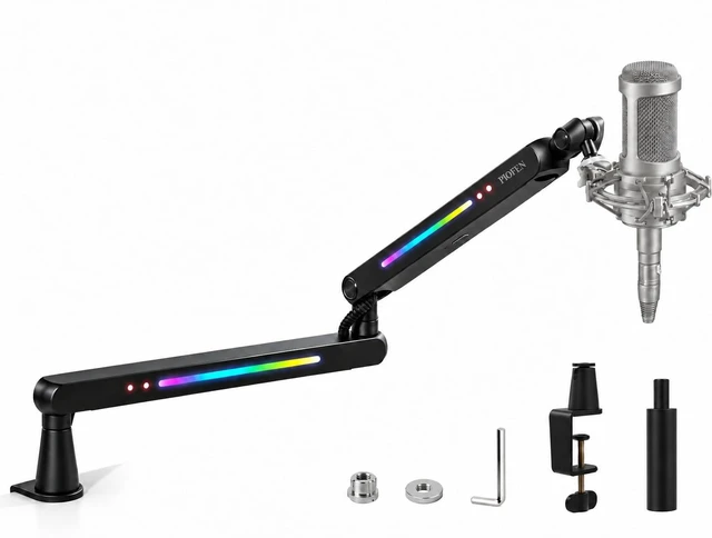 Main image of RGB Low Profile Microphone Boom Arm Desk Mount for Gaming Streaming | 3/8 to 5/8 Screw Adapter,Cable Management, Aluminum Design,4.4 lb Weight Capacity,20 RGB Modes,Adjustable Angle