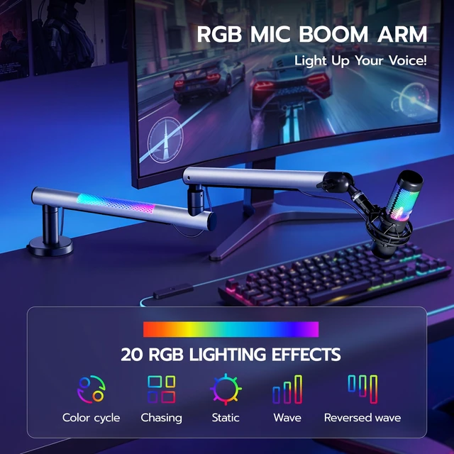 Alt view image 2 of 7 - ARES WING Aluminum Low Profile Mic Arm with 20 Mesh RGB Lighting Modes | Adjustable Microphone Boom Arm with 4.4 lbs Load Capacity, 3/8 to 5/8 Adapter, Mic Stand for Gaming Streaming Podcasting