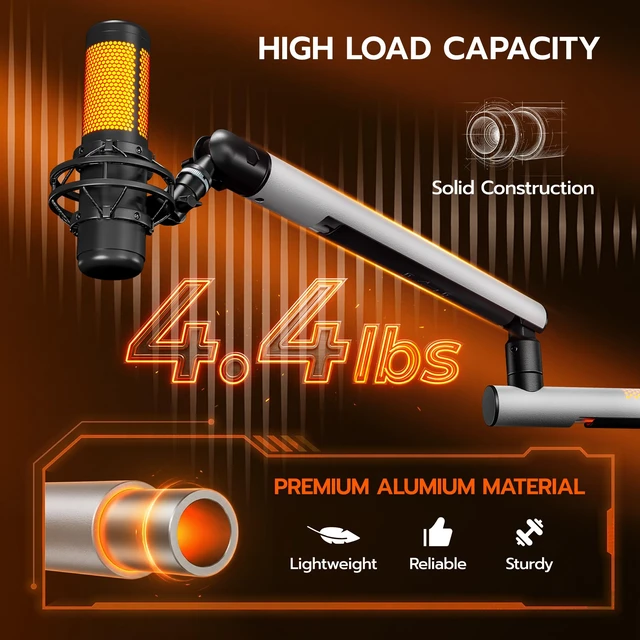 Alt view image 4 of 7 - ARES WING Aluminum Low Profile Mic Arm with 20 Mesh RGB Lighting Modes | Adjustable Microphone Boom Arm with 4.4 lbs Load Capacity, 3/8 to 5/8 Adapter, Mic Stand for Gaming Streaming Podcasting