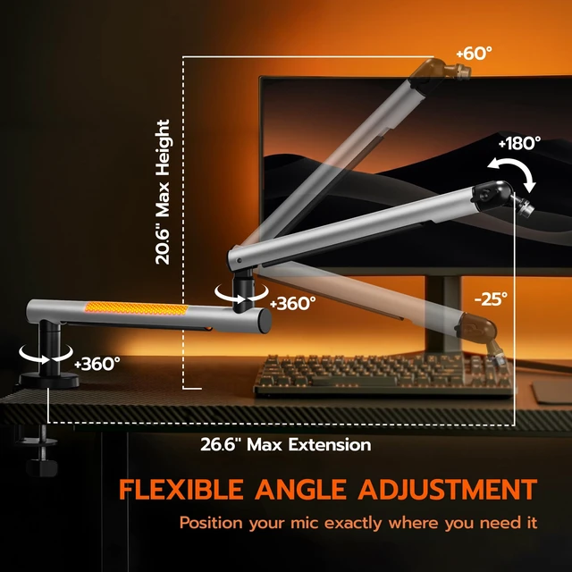 Alt view image 5 of 7 - ARES WING Aluminum Low Profile Mic Arm with 20 Mesh RGB Lighting Modes | Adjustable Microphone Boom Arm with 4.4 lbs Load Capacity, 3/8 to 5/8 Adapter, Mic Stand for Gaming Streaming Podcasting